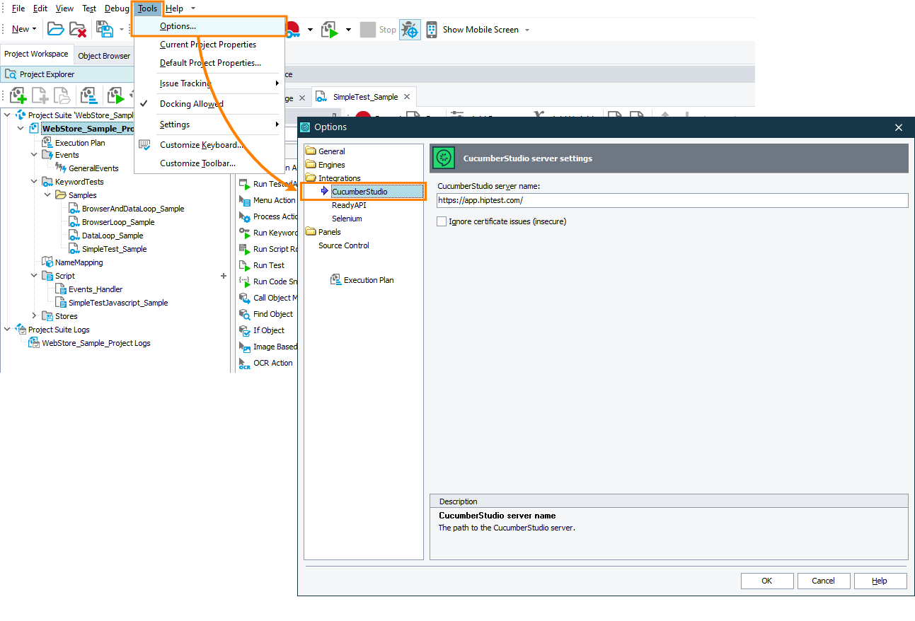 TestComplete CucumberStudio options TestComplete CucumberStudio options