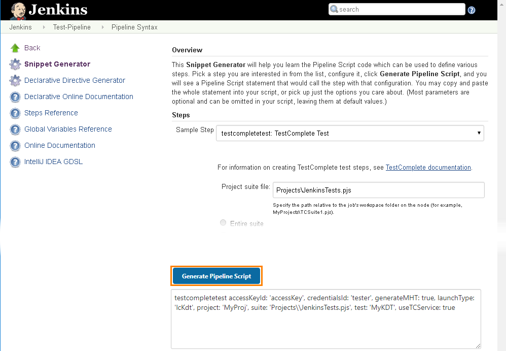 Configure the step and generate code Jenkins Snippet Generator: Configure the step and generate the code