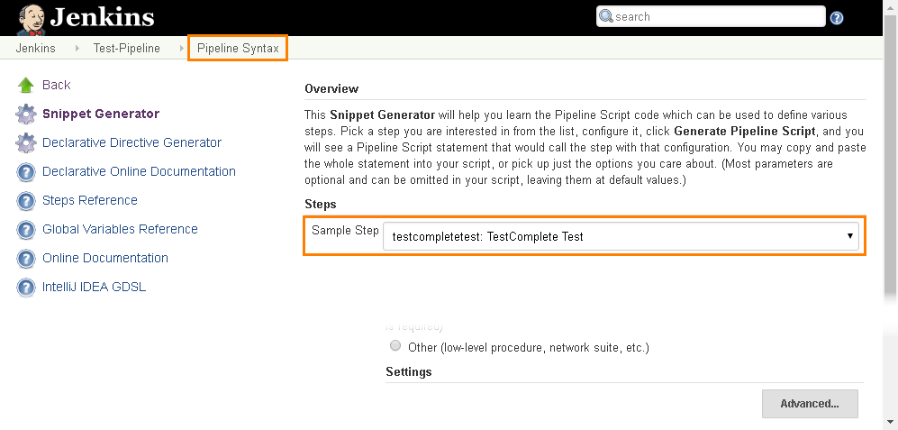 Selecting the TestComplete Test step Jenkins Snippet Generator: Select the TestComplete Test step