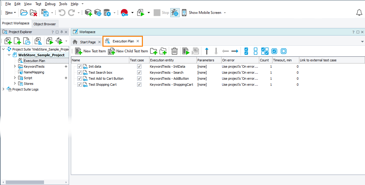 Test items of a TestComplete project Test items of a TestComplete project