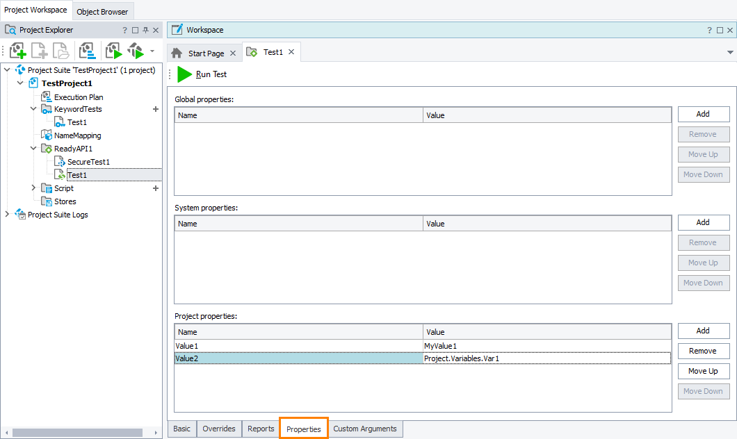ReadyAPI Test editor: Properties page ReadyAPI Test editor: Properties page