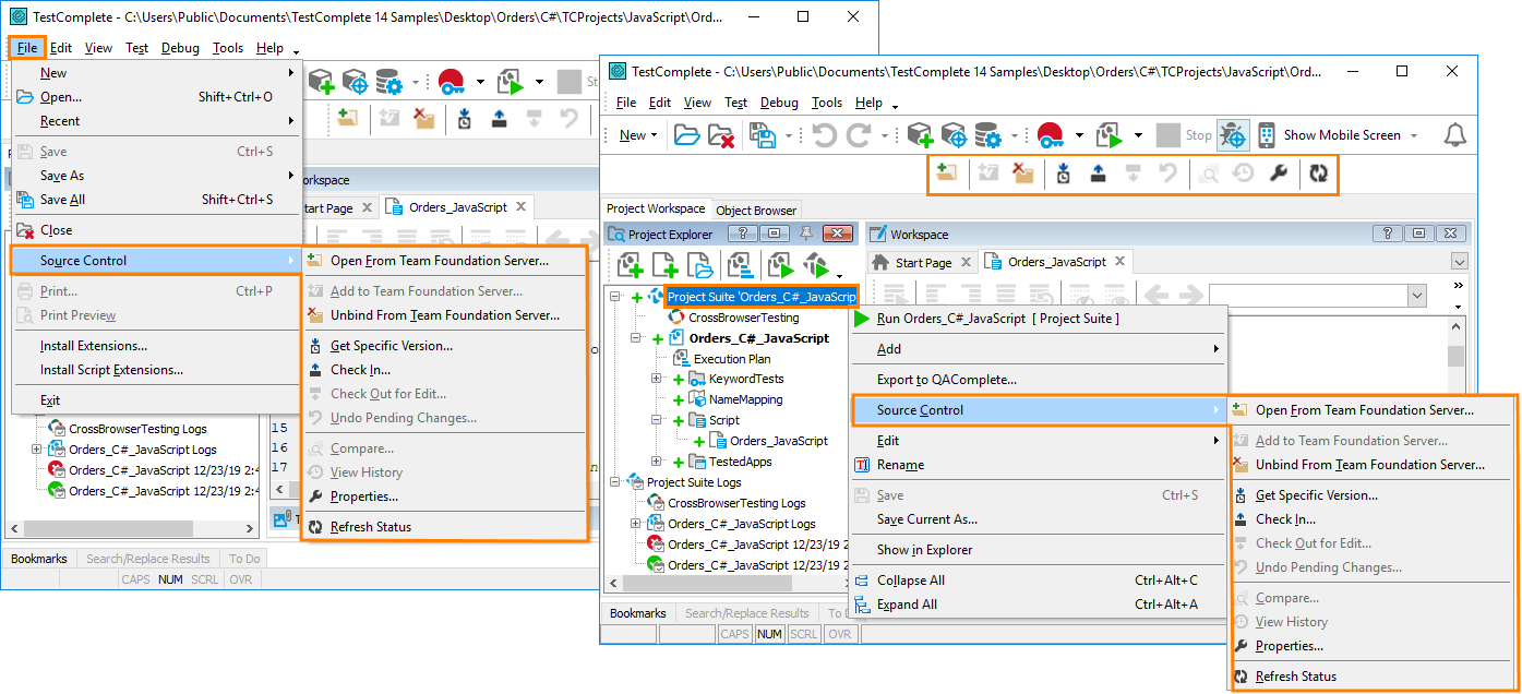 The menu and toolbar for TFVC systems The menu and toolbar for TFVC systems