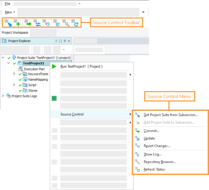 Source Control menu and Source Control toolbar with Subversion integration enabled Source Control menu and Source Control toolbar with Subversion integration enabled