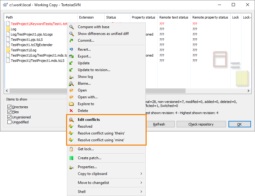 Resolving Conflicts via TortoiseSVN Check for Modofications Dialog Resolving Conflicts via TortoiseSVN Check for Modofications Dialog