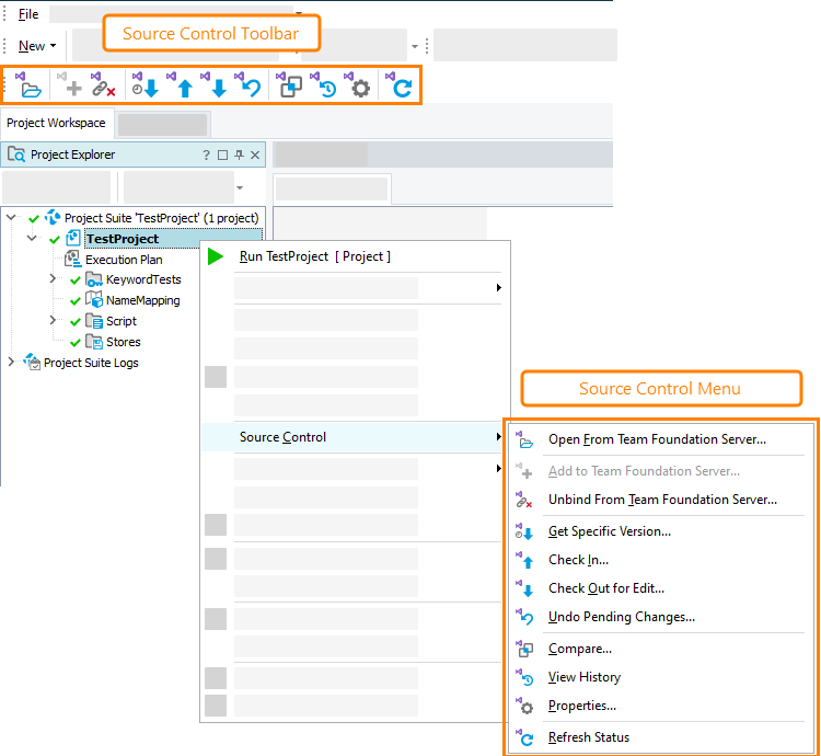 Source Control menu and Source Control toolbar with TFVC integration enabled. Source Control menu and Source Control toolbar with TFVC integration enabled.