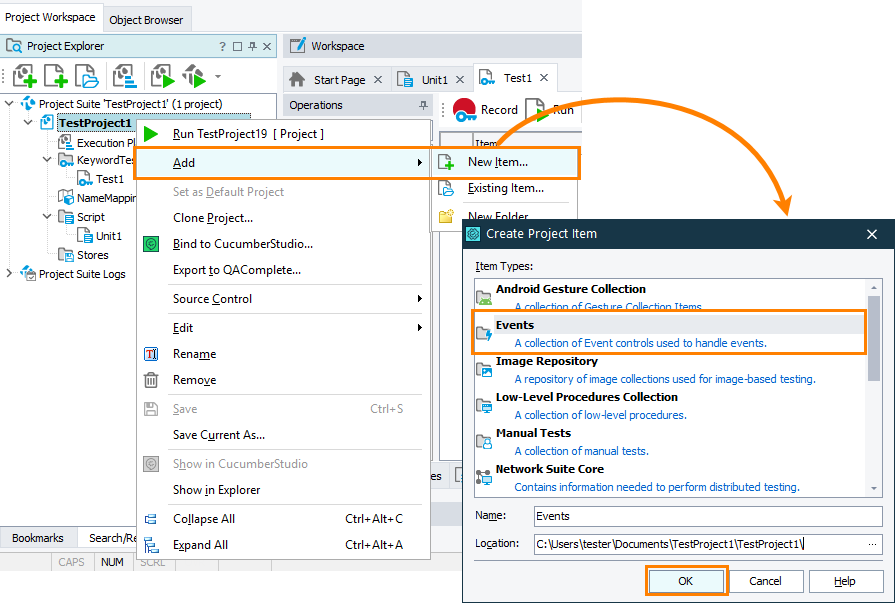 Adding the Events project item Adding the Events project item