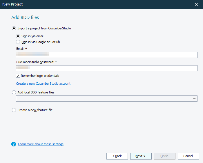 The 'Add BDD files' page The 'Add BDD files' page