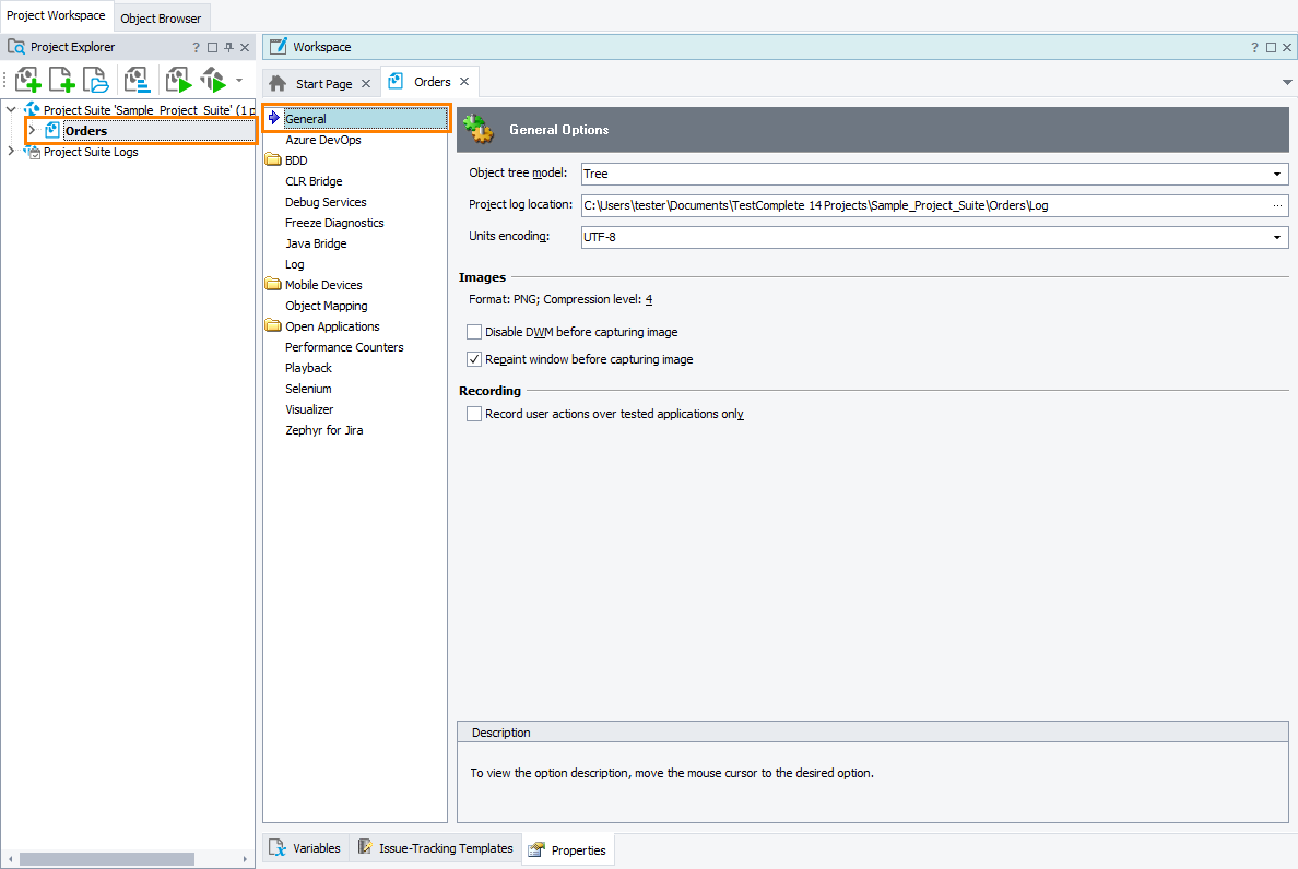 TestComplete Project Properties - General TestComplete Project Properties - General