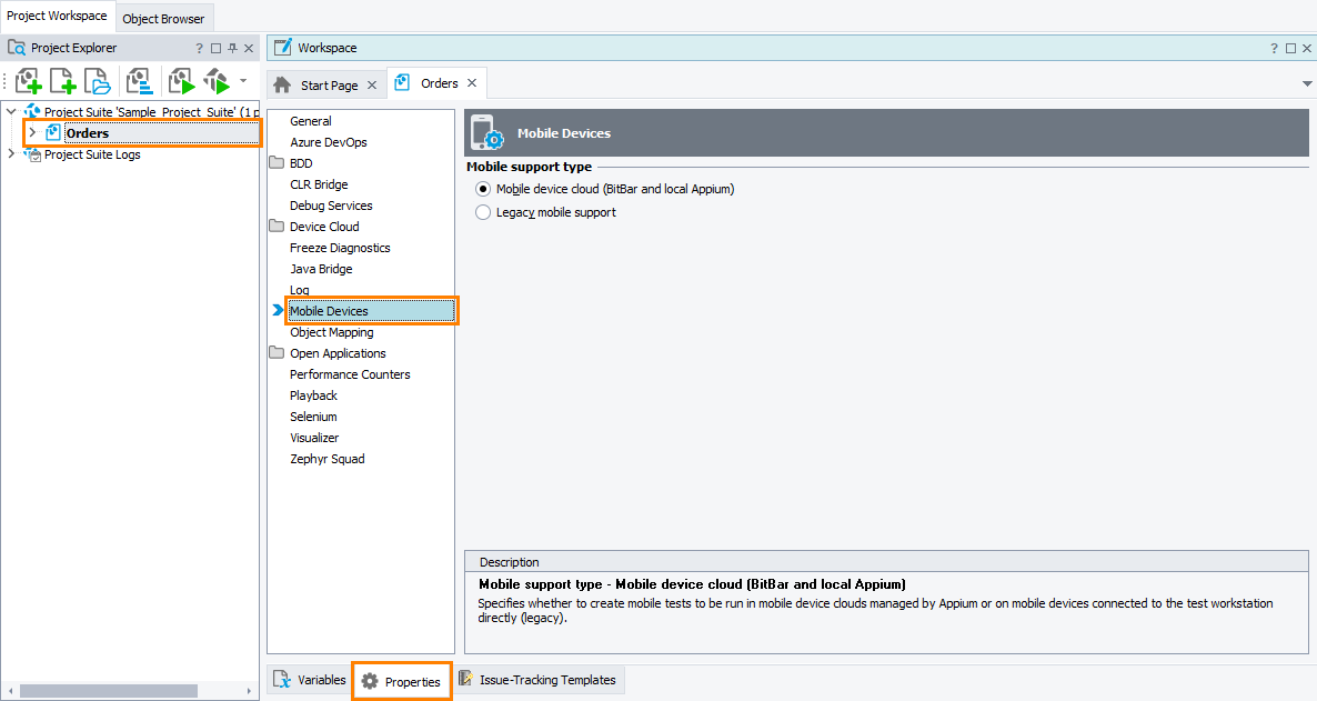 TestComplete Project Properties - Mobile Devices TestComplete Project Properties - Mobile Devices
