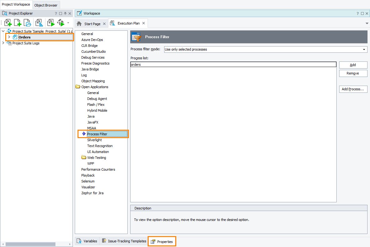TestComplete Project Properties - Process Filter TestComplete Project Properties - Process Filter