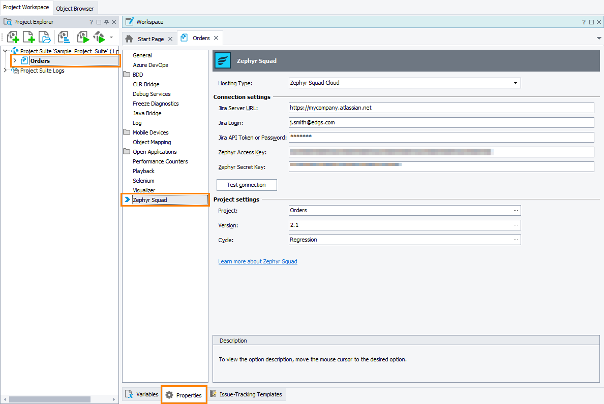 TestComplete Project Properties - Zephyr Squad TestComplete Project Properties - Zephyr Squad