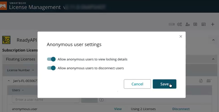 Anonymous user settings dialog box