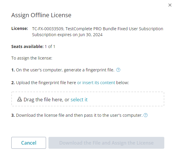 The Assign Offline License dialog