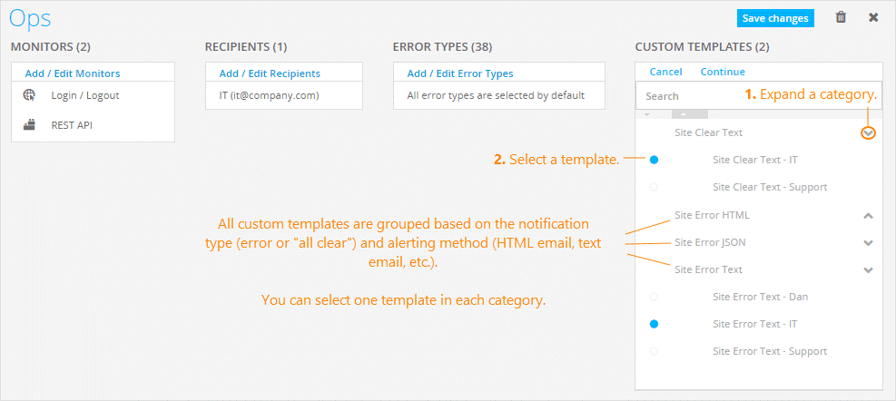 Alert templates used for a recipient group
