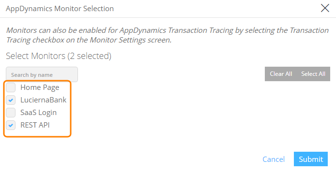 Selecting monitors for AppDynamics transaction tracing