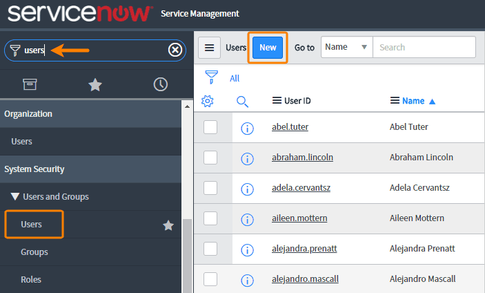 ServiceNow: Users screen