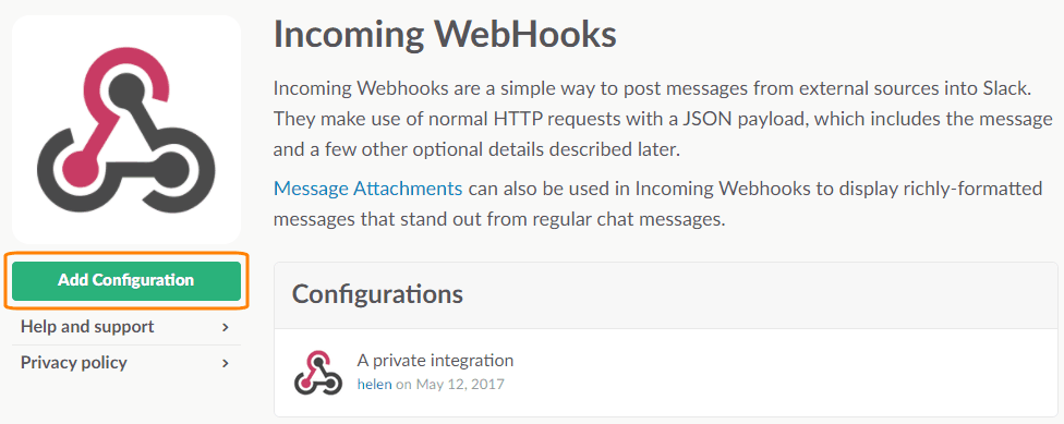 Add Incoming WebHook configuration