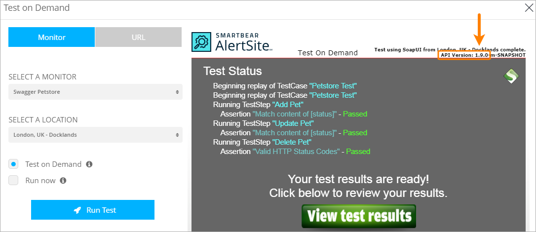 Viewing ReadyAPI version in the Test on Demand window