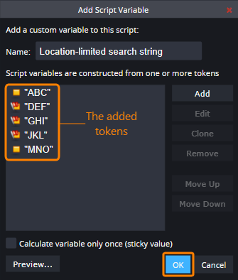 The created variable with tokens