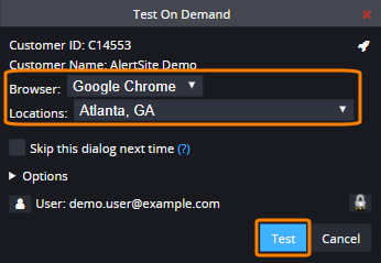 The Test on Demand dialog