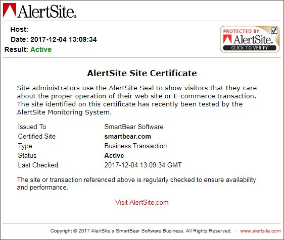 AlertSite site certificate displayed by dynamic site seals