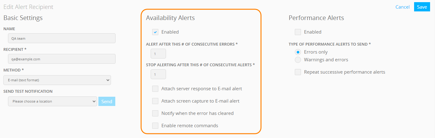 Recipient configuration for availability alerts