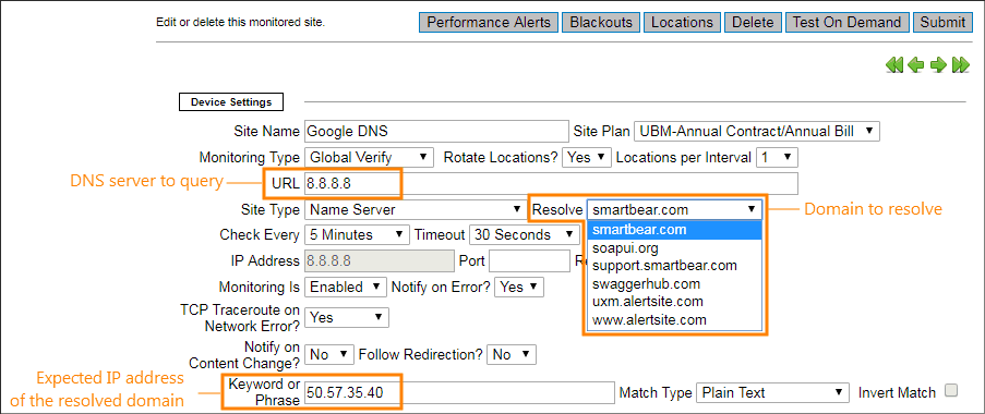 DNS monitor settings