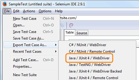 Selenium IDE: Export test case