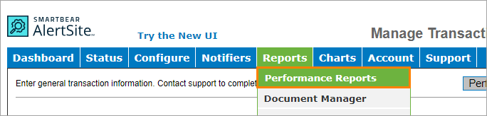 The Performance Reports link location