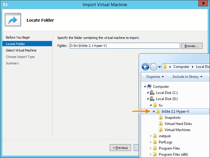Import Virtual Machine: Locate Folder