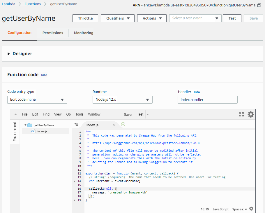 Lambda function code in AWS