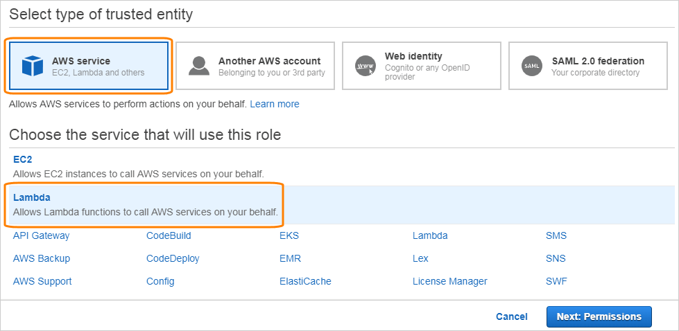 Creating a role for the Lambda service