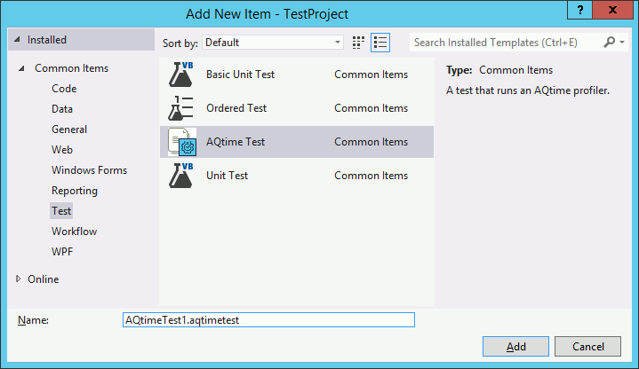 AQTime integration with Visual Studio: AQTime Test type in the Add New Test dialog