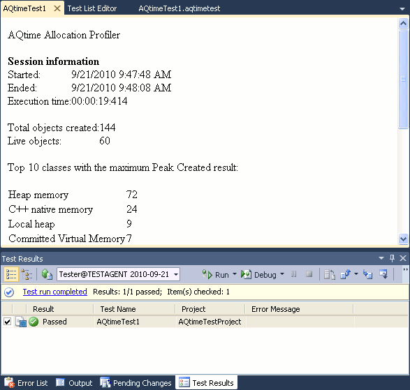 AQTime integration with Visual Studio: AQTime Test results