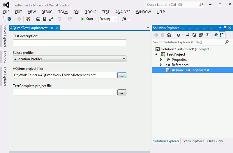 AQTime integration with Visual Studio: AQTime Test Item configured to run an AQTime project