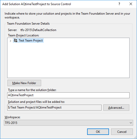AQTime integration with Visual Studio: Add your Visual Studio test project to source control