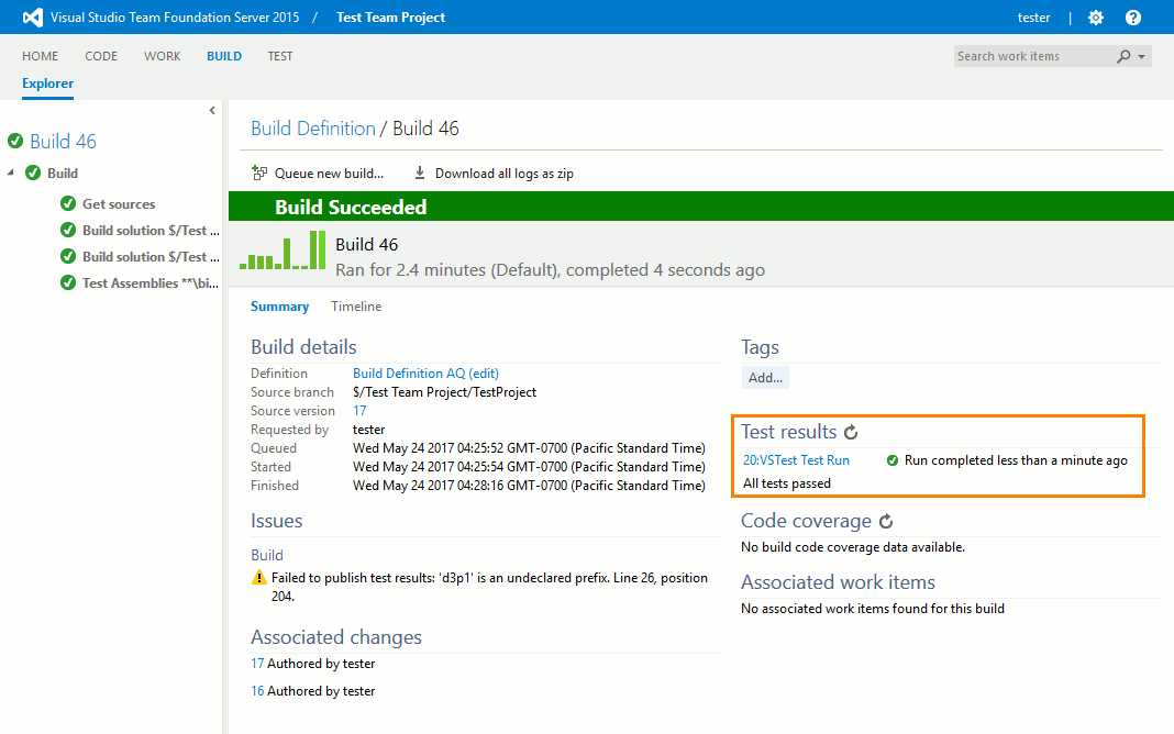 AQTime integration with Visual Studio: AQTime Test item results in the Build Summary report