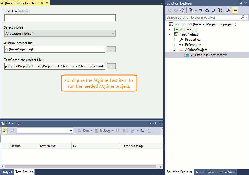 AQTime integration with Visual Studio: Configure the added AQTime Test item