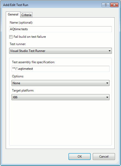 AQTime integration with Visual Studio: Add/Edit Test dialog