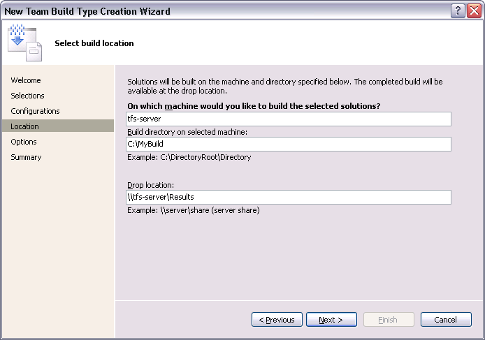 AQTime integration with Visual Studio: Location Page of the New Team Build Type Creation Wizard