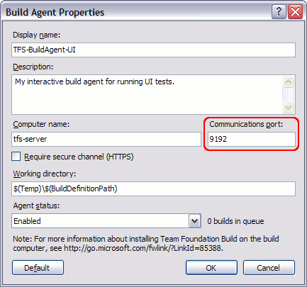 AQTime integration with Visual Studio: Build Agent Properties Dialog
