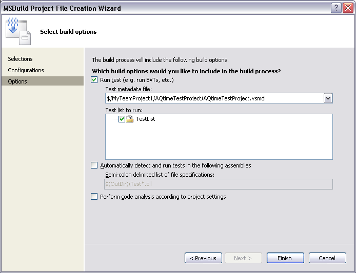 AQTime integration with Visual Studio: Options Page of the MSBuild Project File Creation Wizard