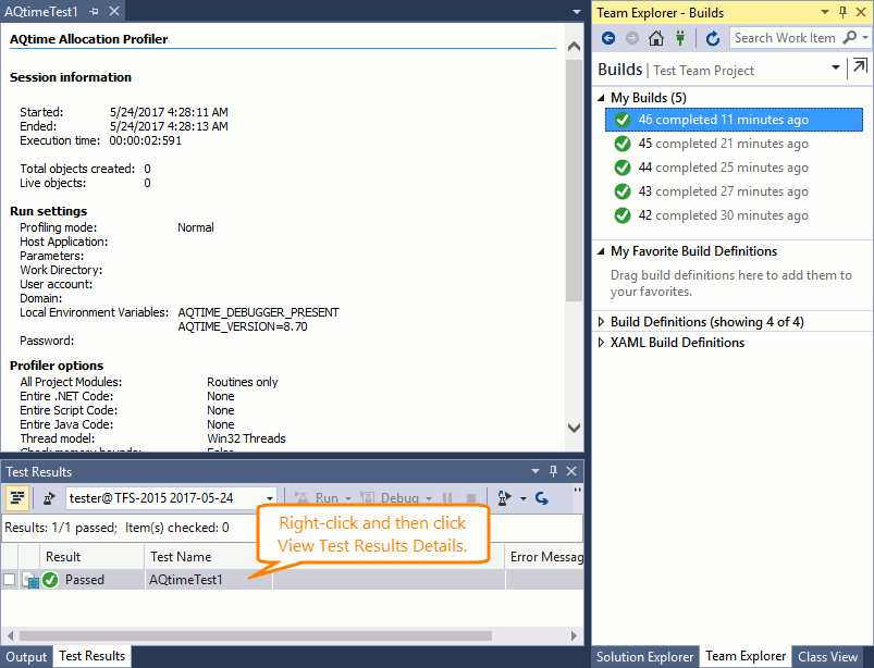 AQTime integration with Visual Studio: Detailed AQTime Test item results