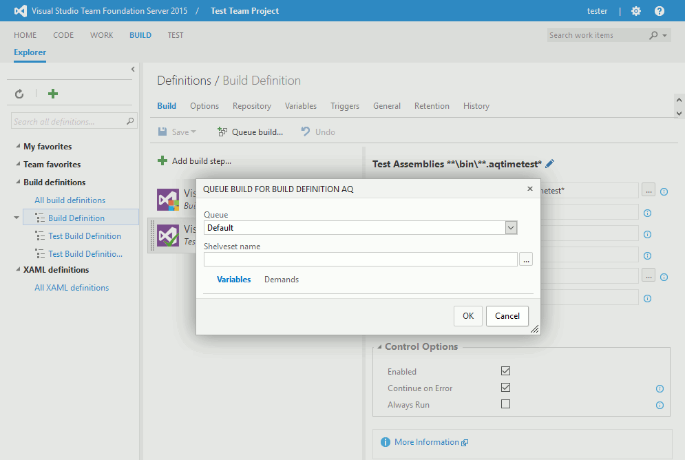 AQTime integration with Visual Studio: Queue Build Dialog in Team Foundation Server 2015