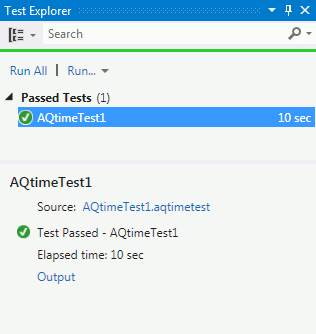 AQTime integration with Visual Studio: Results of the AQTime test item in the Test Results panel