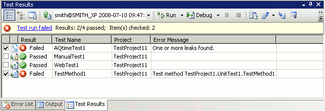 AQTime integration with Visual Studio: Results of the AQTime test item in the Test Results panel