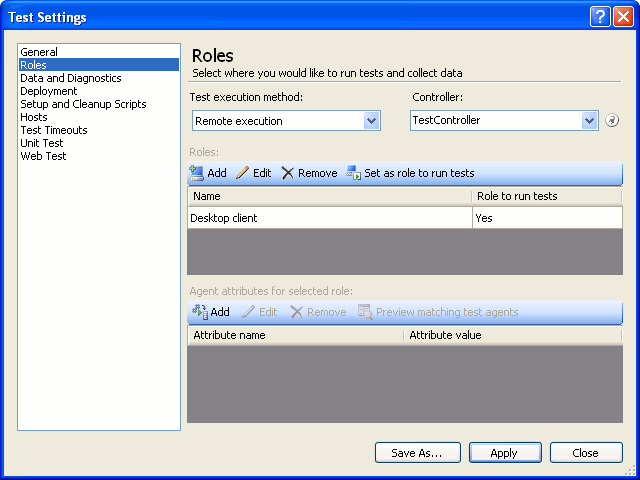 AQTime integration with Visual Studio: The Roles page of the Test Settings dialog