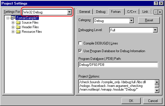 Settings for Win32 Debug Project