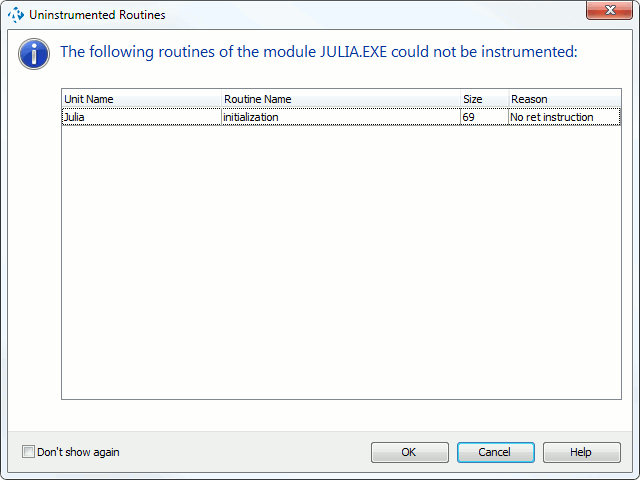 Uninstrumented Routines Dialog