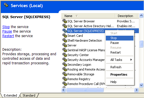 Stopping the SQL Server service